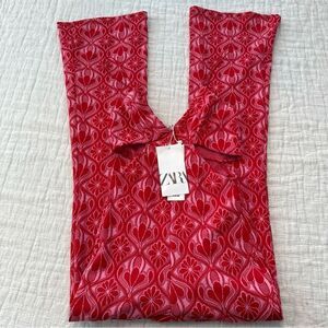Zara Womens Jumpsuit XS Red Floral Jacquard Cut Out Flare NWT